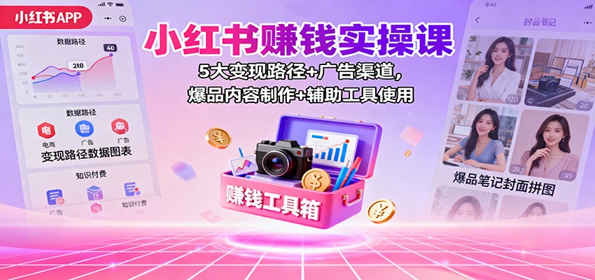 小红书赚钱实操课:5大变现路径+广告渠道,爆品内容制作+辅助工具使用创客联盟总站-闲云创业网-老韩轻创网-中创网-福缘网-冒泡网-资源之家-魔方项目库创客联盟总站