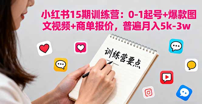 小红书15期训练营：0-1起号+爆款图文视频+商单报价，普遍月入5k-3w创客联盟总站-闲云创业网-老韩轻创网-中创网-福缘网-冒泡网-资源之家-魔方项目库创客联盟总站