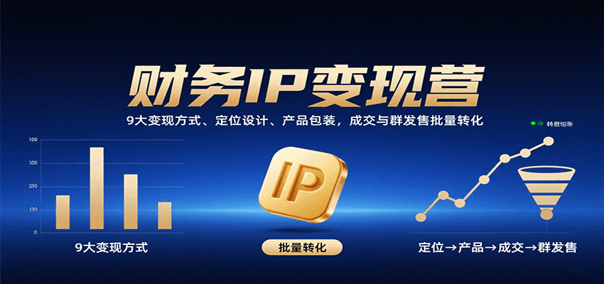财务IP变现营：9大变现方式、定位设计、产品包装，成交与群发售批量转化创客联盟总站-闲云创业网-老韩轻创网-中创网-福缘网-冒泡网-资源之家-魔方项目库创客联盟总站