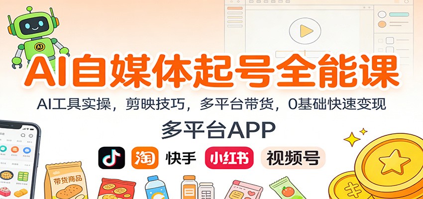 AI自媒体起号全能课:AI工具实操,剪映技巧,多平台带货,0基础快速变现创客联盟总站-闲云创业网-老韩轻创网-中创网-福缘网-冒泡网-资源之家-魔方项目库创客联盟总站