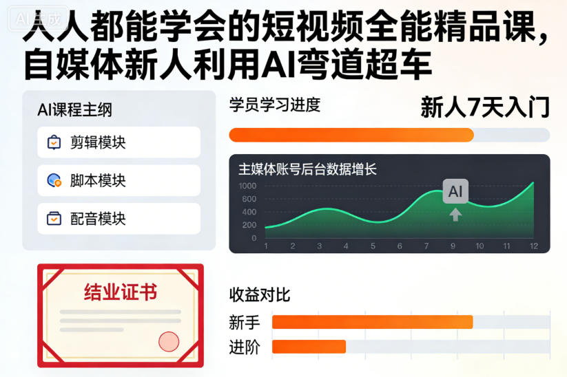 人人都能学会的短视频全能精品课,自媒体新人利用AI弯道超车创客联盟总站-闲云创业网-老韩轻创网-中创网-福缘网-冒泡网-资源之家-魔方项目库创客联盟总站