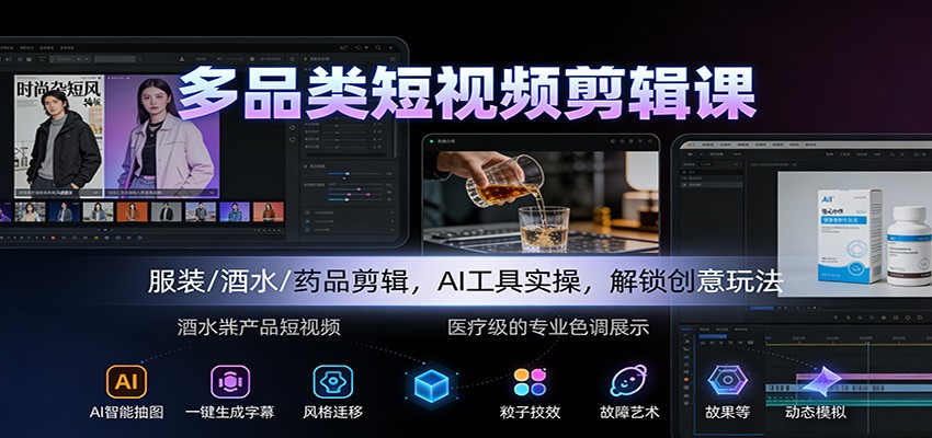 多品类短视频剪辑课：服装/酒水/药品剪辑，AI工具实操，解锁创意玩法创客联盟总站-闲云创业网-老韩轻创网-中创网-福缘网-冒泡网-资源之家-魔方项目库创客联盟总站