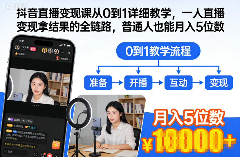 抖音直播变现课从0到1详细教学,一人直播变现拿结果的全链路,普通人也能月入5位数创客联盟总站-闲云创业网-老韩轻创网-中创网-福缘网-冒泡网-资源之家-魔方项目库创客联盟总站