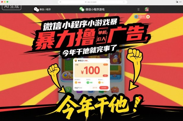 微信小程序小游戏暴力撸广告,单机日入100,今年干他就完事了创客联盟总站-闲云创业网-老韩轻创网-中创网-福缘网-冒泡网-资源之家-魔方项目库创客联盟总站