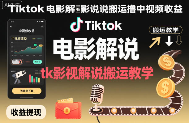 Tiktok电影解说搬运撸中视频收益，tk影视解说搬运教学创客联盟总站-闲云创业网-老韩轻创网-中创网-福缘网-冒泡网-资源之家-魔方项目库创客联盟总站