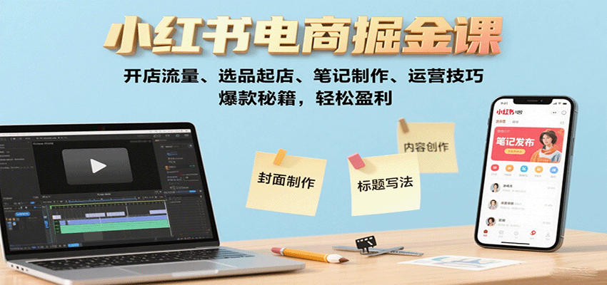 小红书电商掘金课:开店流量、选品起店、笔记制作、运营技巧,爆款秘籍,轻松盈利创客联盟总站-闲云创业网-老韩轻创网-中创网-福缘网-冒泡网-资源之家-魔方项目库创客联盟总站
