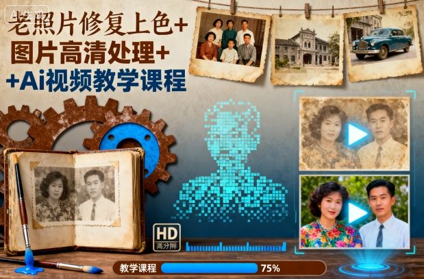 老照片修复上色+图片高清处理+Ai视频教学课程创客联盟总站-闲云创业网-老韩轻创网-中创网-福缘网-冒泡网-资源之家-魔方项目库创客联盟总站