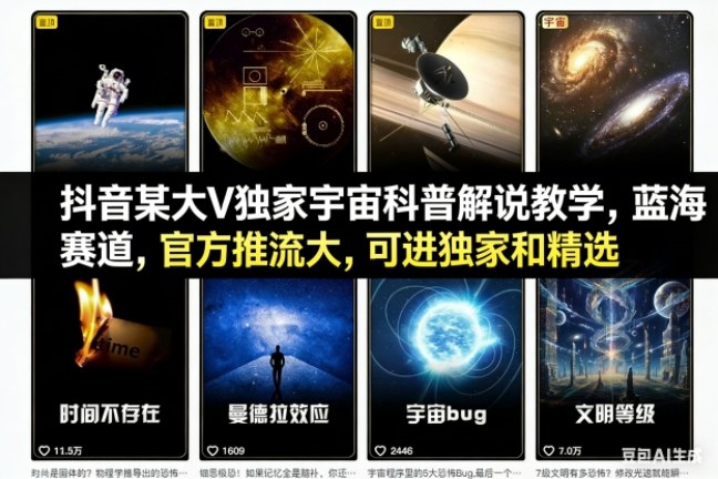 抖音某大V独家宇宙科普解说教学,蓝海赛道,官方推流大,可进独家和精选创客联盟总站-闲云创业网-老韩轻创网-中创网-福缘网-冒泡网-资源之家-魔方项目库创客联盟总站