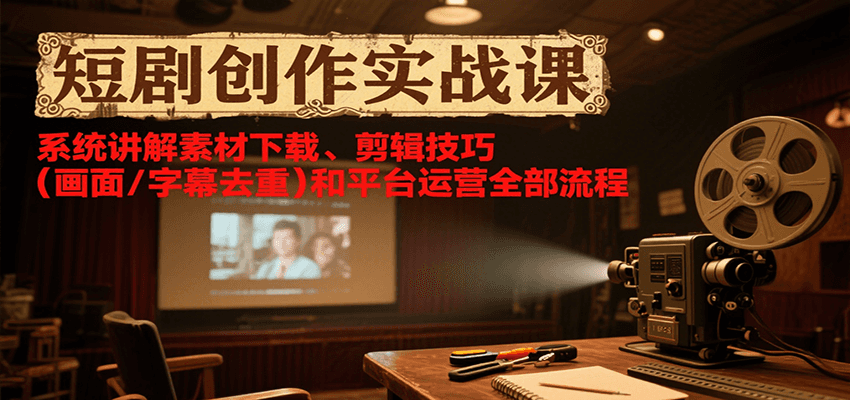 短剧创作实战课，系统讲解素材下载、剪辑技巧(画面/字幕去重)和平台运营全部流程创客联盟总站-闲云创业网-老韩轻创网-中创网-福缘网-冒泡网-资源之家-魔方项目库创客联盟总站