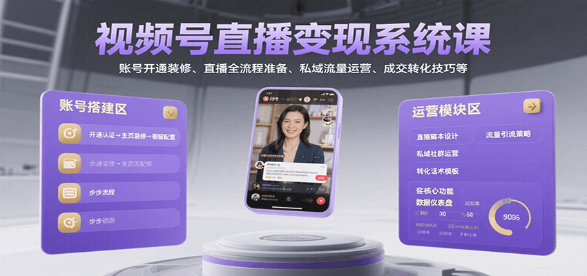 视频号直播变现系统课,账号开通装修、直播全流程准备、私域流量运营、成交转化技巧等创客联盟总站-闲云创业网-老韩轻创网-中创网-福缘网-冒泡网-资源之家-魔方项目库创客联盟总站
