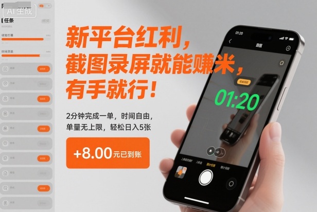 新平台红利,截图录屏就能賺米,有手就行!2分钟完成一单,时间自由,单量无上限,轻松日入5张【揭秘】创客联盟总站-闲云创业网-老韩轻创网-中创网-福缘网-冒泡网-资源之家-魔方项目库创客联盟总站