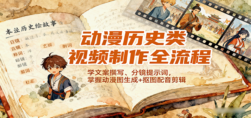 动漫历史类视频制作全流程,学文案撰写、分镜提示词,掌握动漫图生成+抠图配音剪辑创客联盟总站-闲云创业网-老韩轻创网-中创网-福缘网-冒泡网-资源之家-魔方项目库创客联盟总站