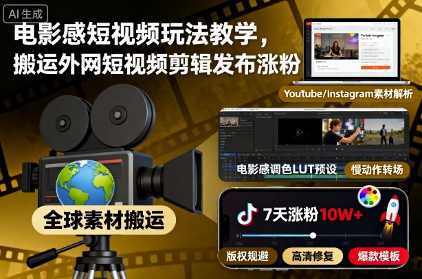 电影感短视频玩法教学，搬运外网短视频剪辑发布涨粉创客联盟总站-闲云创业网-老韩轻创网-中创网-福缘网-冒泡网-资源之家-魔方项目库创客联盟总站