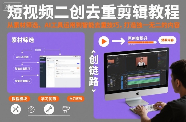 短视频二创去重剪辑教程,从素材筛选、AI工具运用到智能去重技巧,打造独一无二的内容创客联盟总站-闲云创业网-老韩轻创网-中创网-福缘网-冒泡网-资源之家-魔方项目库创客联盟总站