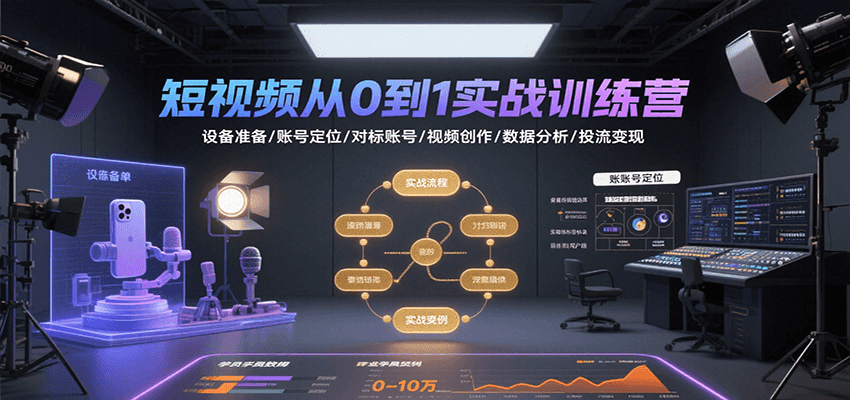 短视频从0到1实战训练营：设备准备/账号定位/对标账号/视频创作/数据分析/投流变现创客联盟总站-闲云创业网-老韩轻创网-中创网-福缘网-冒泡网-资源之家-魔方项目库创客联盟总站