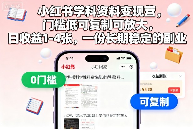 小红书学科资料变现营,门槛低可复制可放大,日收益1-4张,一份长期稳定的副业创客联盟总站-闲云创业网-老韩轻创网-中创网-福缘网-冒泡网-资源之家-魔方项目库创客联盟总站