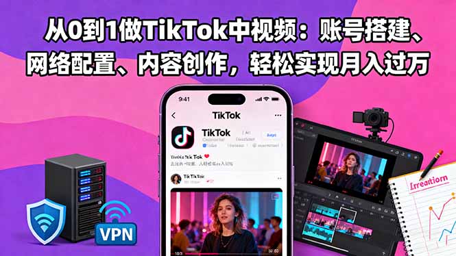 从0到1做TikTok中视频：账号搭建、网络配置、内容创作，轻松实现月入过万创客联盟总站-闲云创业网-老韩轻创网-中创网-福缘网-冒泡网-资源之家-魔方项目库创客联盟总站