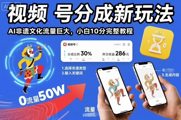 视频号分成新玩法，AI非遗文化流量巨大，小白10分钟搞定，完整教程创客联盟总站-闲云创业网-老韩轻创网-中创网-福缘网-冒泡网-资源之家-魔方项目库创客联盟总站