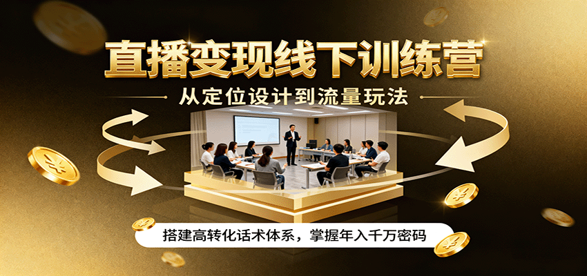 直播变现线下训练营,从定位设计到流量玩法,搭建高转化话术体系,掌握年入千万密码创客联盟总站-闲云创业网-老韩轻创网-中创网-福缘网-冒泡网-资源之家-魔方项目库创客联盟总站