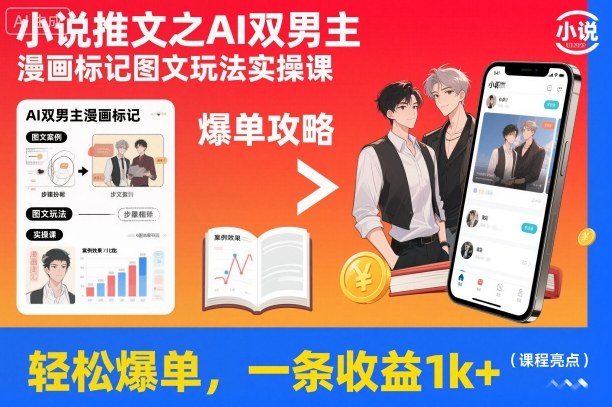 小说推文之AI双男主漫画标记图文玩法实操课,轻松爆单,一条收益1k+创客联盟总站-闲云创业网-老韩轻创网-中创网-福缘网-冒泡网-资源之家-魔方项目库创客联盟总站