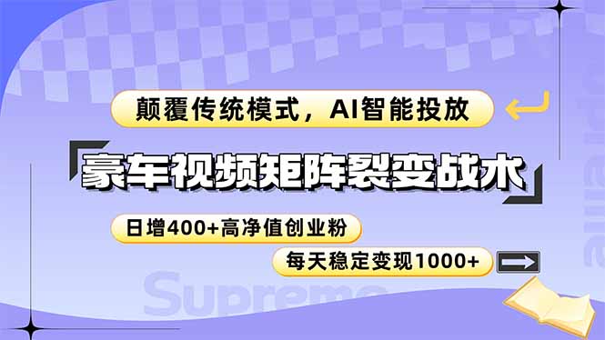 豪车视频矩阵裂变战术,颠覆传统模式,AI智能投放,日增400+高净值创业…创客联盟总站-闲云创业网-老韩轻创网-中创网-福缘网-冒泡网-资源之家-魔方项目库创客联盟总站