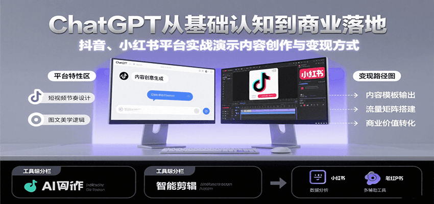ChatGPT从基础认知到商业落地,实战演示抖音、小红书等平台的内容创作与变现创客联盟总站-闲云创业网-老韩轻创网-中创网-福缘网-冒泡网-资源之家-魔方项目库创客联盟总站