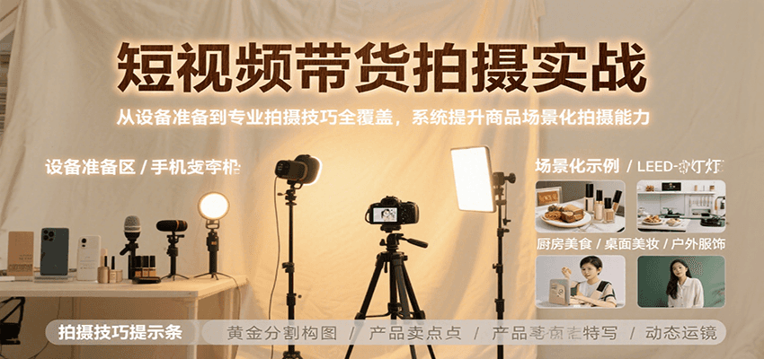 短视频带货拍摄实战，从设备准备到专业拍摄技巧全覆盖，系统提升商品场景化拍摄能力创客联盟总站-闲云创业网-老韩轻创网-中创网-福缘网-冒泡网-资源之家-魔方项目库创客联盟总站