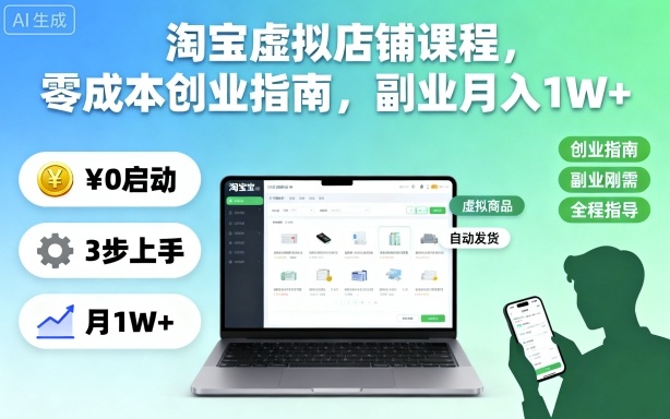 淘宝虚拟店铺课程，零成本创业指南，副业月入1W+创客联盟总站-闲云创业网-老韩轻创网-中创网-福缘网-冒泡网-资源之家-魔方项目库创客联盟总站