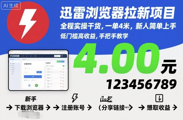 迅雷浏览器拉新项目,全程实操干货,一单4米,新人简单上手创客联盟总站-闲云创业网-老韩轻创网-中创网-福缘网-冒泡网-资源之家-魔方项目库创客联盟总站