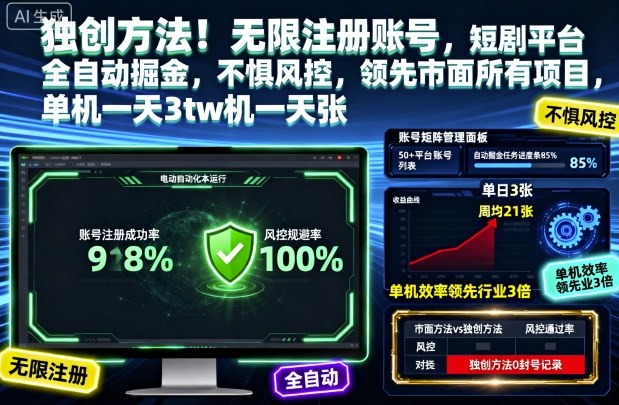 独创方法!无限注册账号,短剧平台全自动掘金,不惧风控,领先市面所有项目,单机一天3张【揭秘】创客联盟总站-闲云创业网-老韩轻创网-中创网-福缘网-冒泡网-资源之家-魔方项目库创客联盟总站