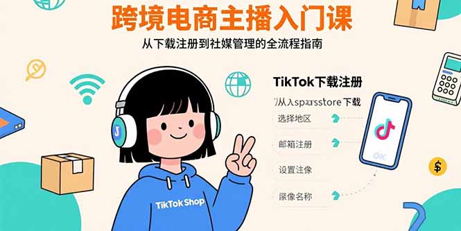 跨境电商主播入门课，TikTok下载注册，支付工具配置，社媒账号管理全流程创客联盟总站-闲云创业网-老韩轻创网-中创网-福缘网-冒泡网-资源之家-魔方项目库创客联盟总站